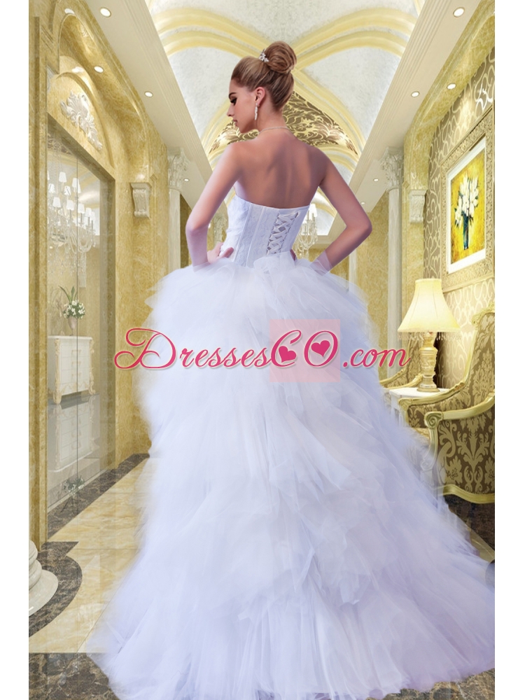 Romantic Strapless A Line Beading Brush Train Wedding Dress for