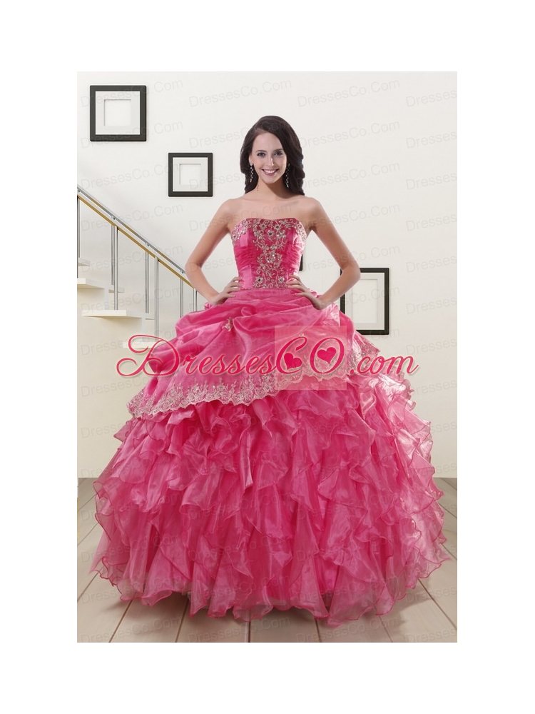Popular Appliques and Ruffles Quinceanera Gowns in Hot Pink
