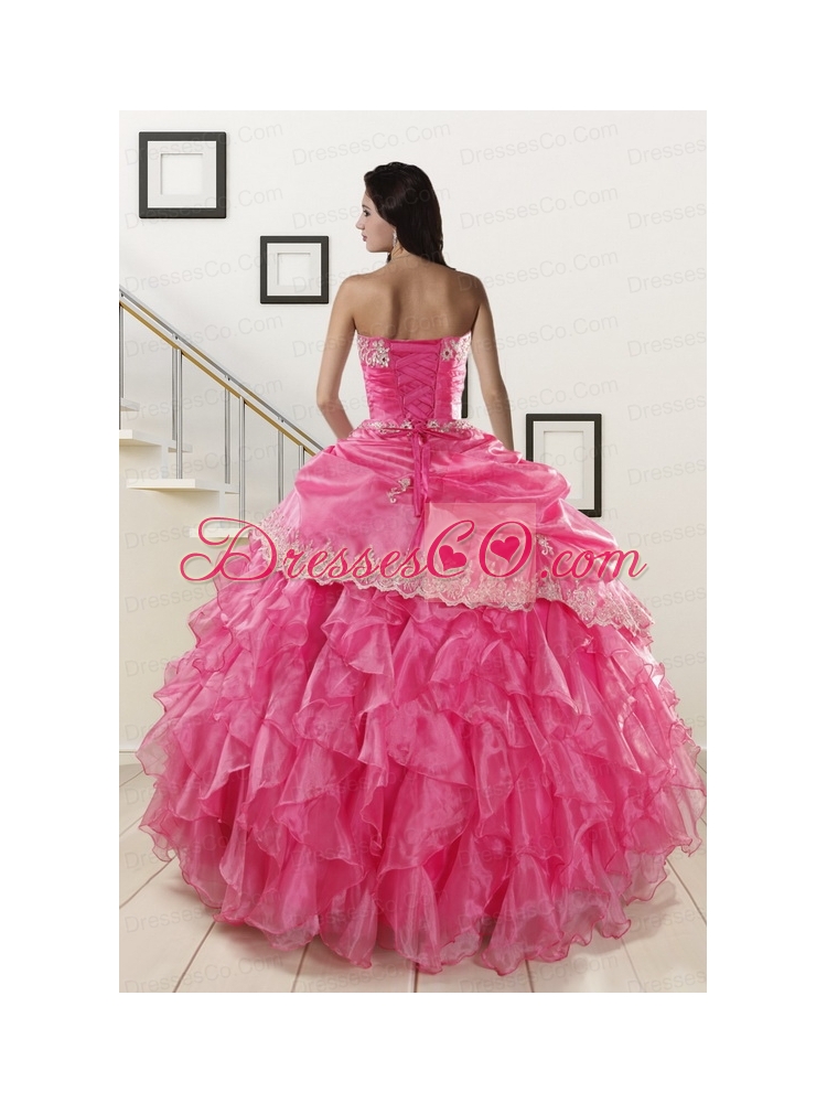 Popular Appliques and Ruffles Quinceanera Gowns in Hot Pink