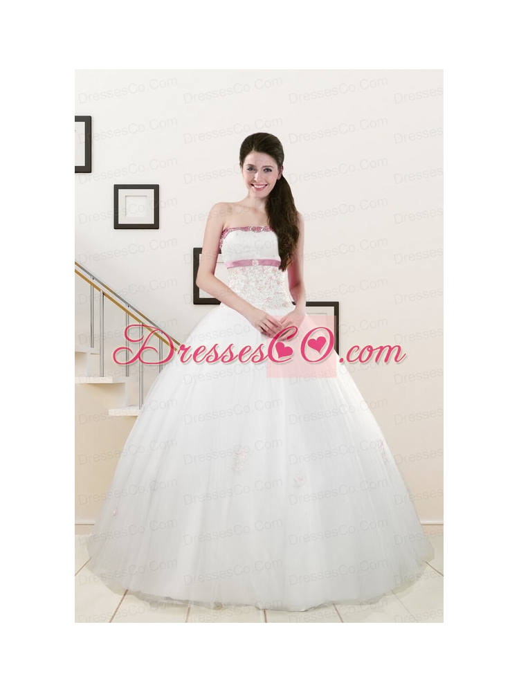 Strapless Appliques and Belt Quinceanera Dress in   White