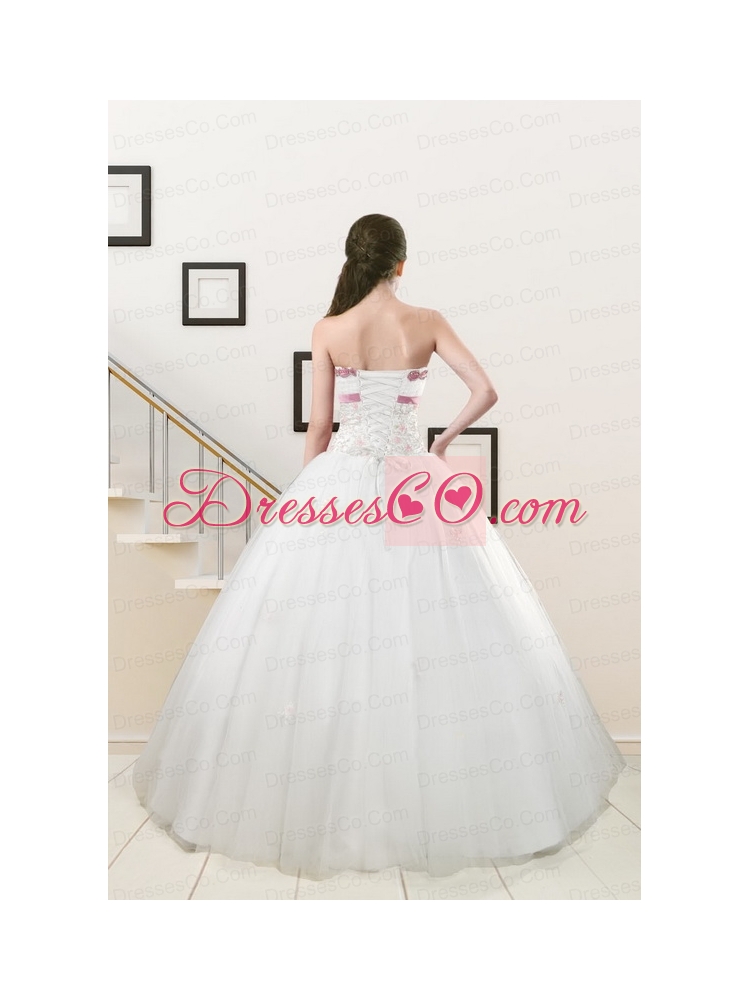 Strapless Appliques and Belt Quinceanera Dress in   White