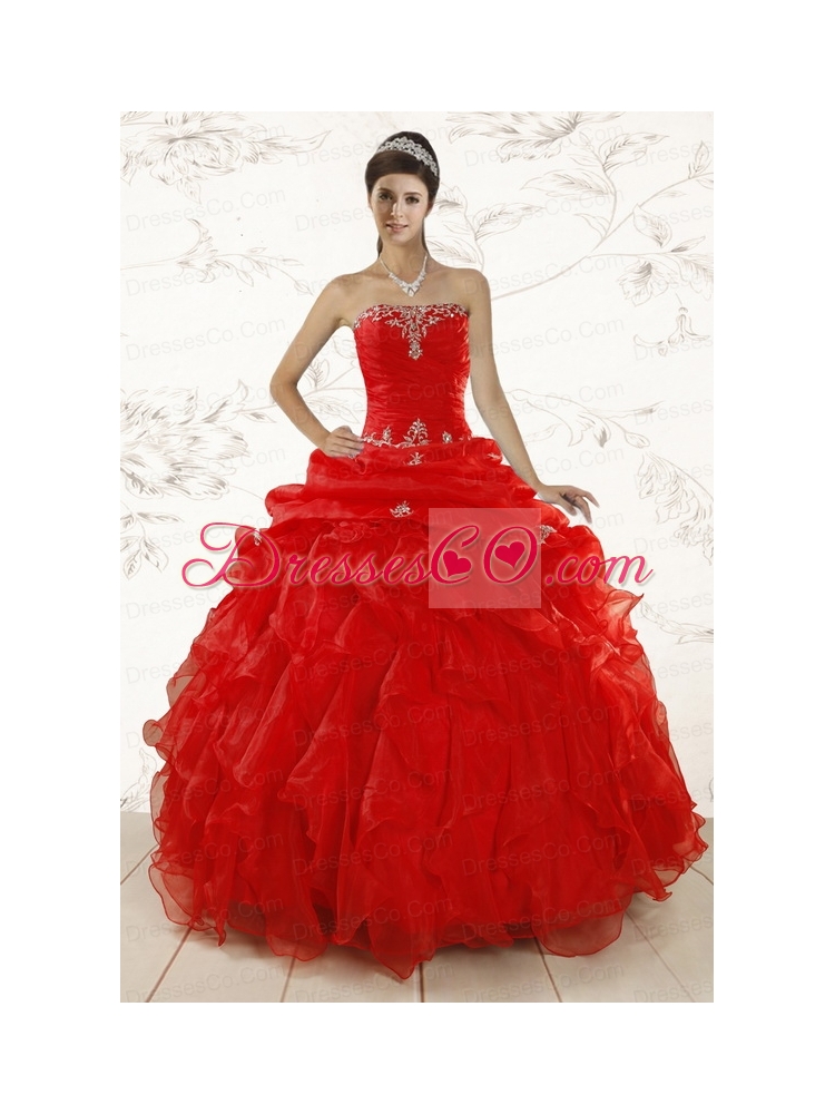 Red Ball Gown Strapless Quinceanera Dress with   Beading and Ruffles