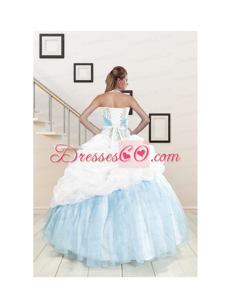 White and Blue Ball Gown Quinceanera Dress with Halter