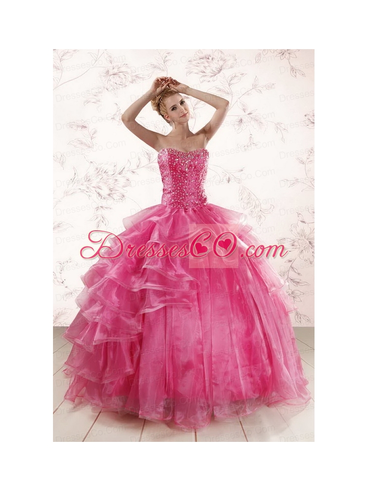 Hot Pink Beading Quinceanera Dress with Brush Train   for