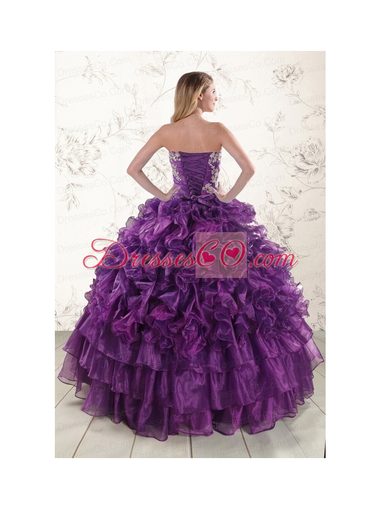 Purple Strapless  Quinceanera Dress with Appliques