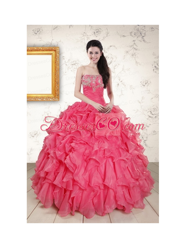 Strapless Beading and Ruffles  Quinceanera Dress in Hot   Pink