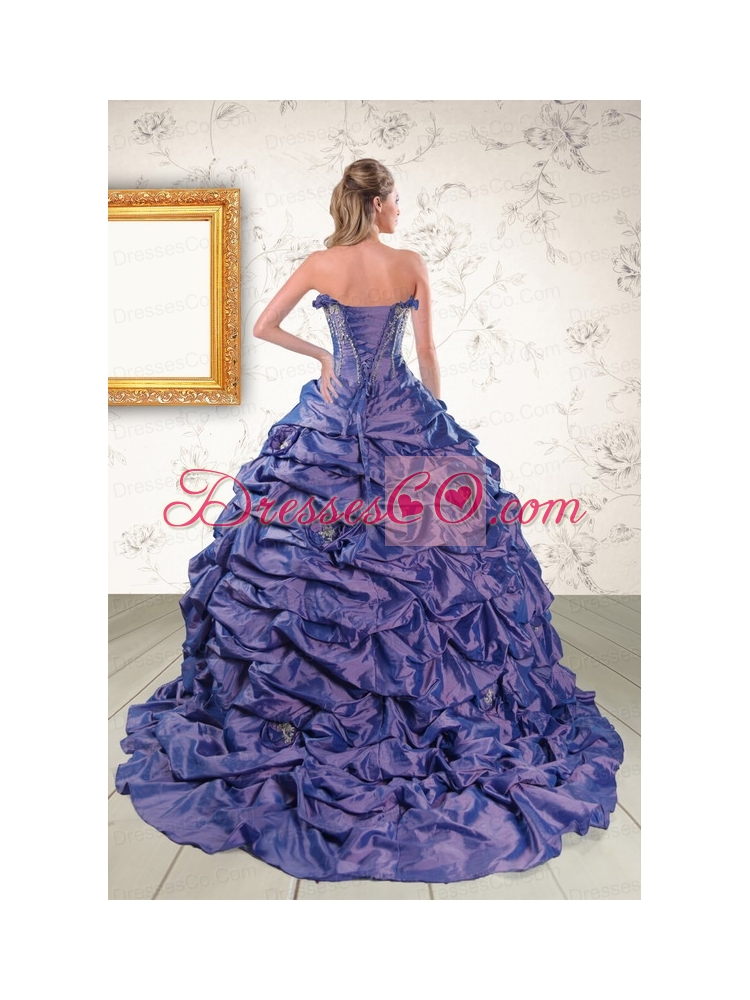 Cheap Beaded and Pick ups Purple   Quinceanera Dress with Brush Train