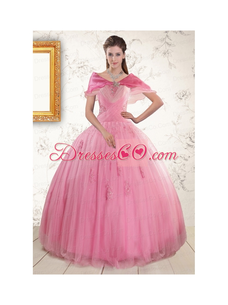 Cheap Pink Quinceaneras Dress with   Appliques and Beading