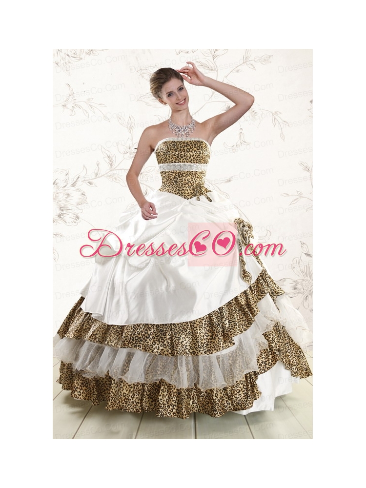 Cheap  Strapless Leopard Quinceanera   Dress with Hand Made Flower
