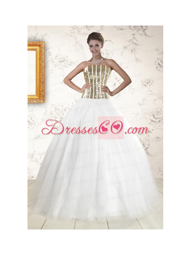 Cheap Tulle Strapless Sequins White   Quinceanera Dresses