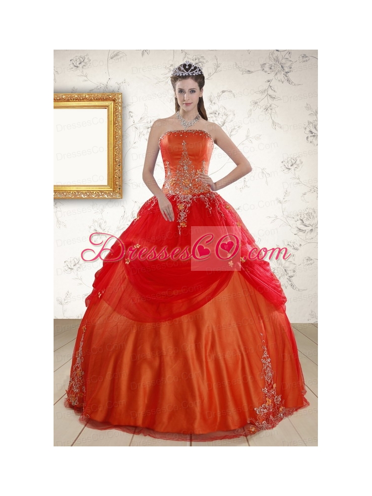 Cheap Strapless Appliques Quinceanera Dress in   Orange Red