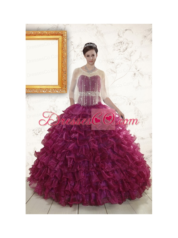 Classic Burgundy Quinceanera Dress with Beading   and Ruffles