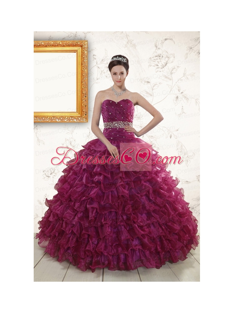 Classic Burgundy Quinceanera Dress with Beading   and Ruffles