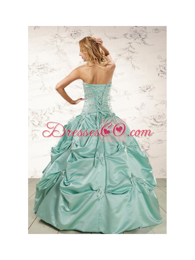 Cheap Turquoise Quinceanera Dress with Appliques and Pick Ups
