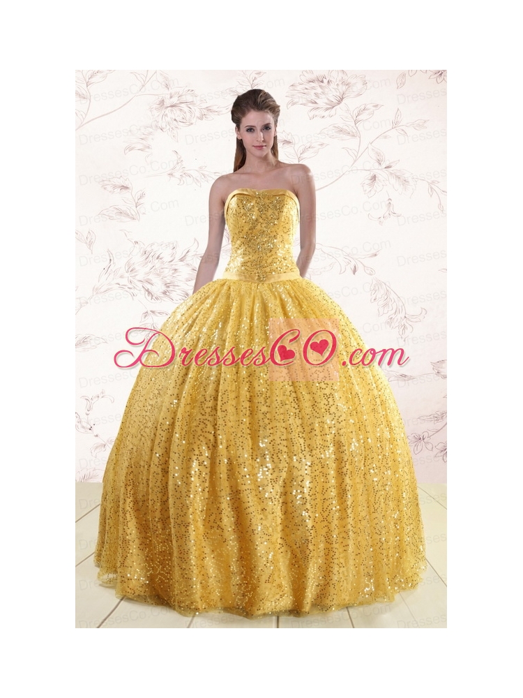 Classic Yellow Sequined Quinceanera Dress with   Strapless
