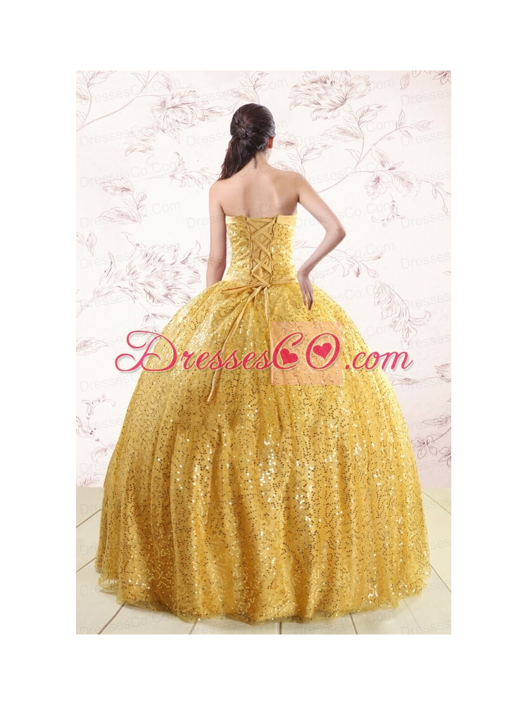 Classic Yellow Sequined Quinceanera Dress with   Strapless