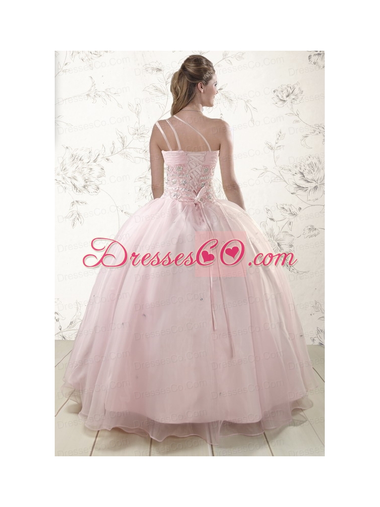 One Shoulder Beading Light Pink Cheap   Quinceanera Dress