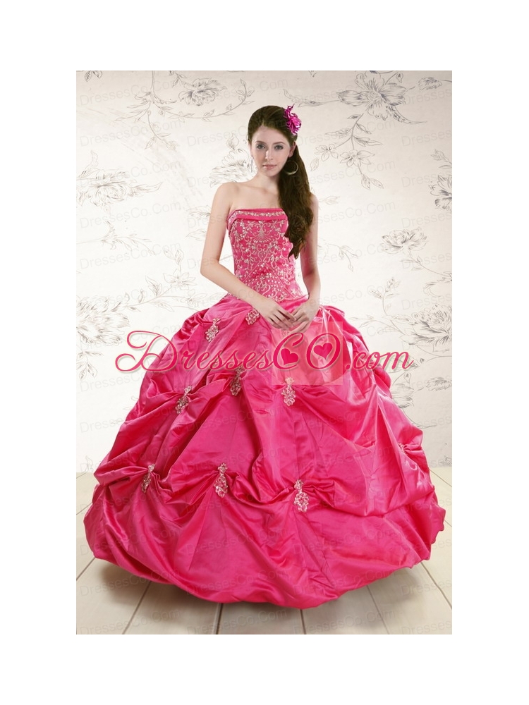 Strapless Hot Pink Cheap Quinceanera Dress with   Appliques for