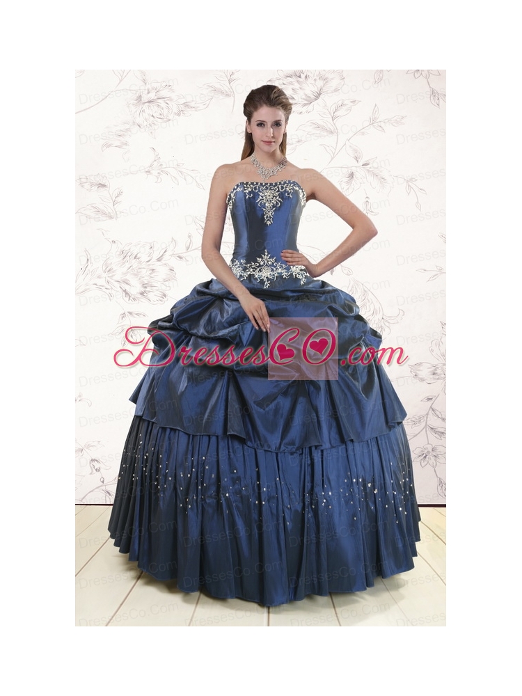 Embroidery and Pick Ups Classic  Quinceanera Dress in   Navy Blue