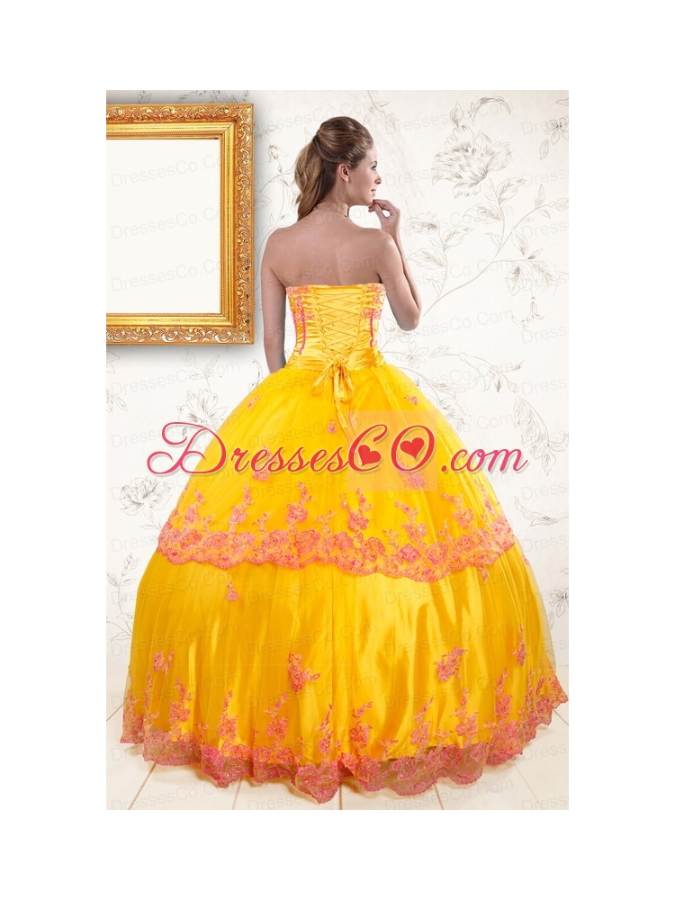 Elegamt Strapless Gold Quinceanera Dress with   Appliques