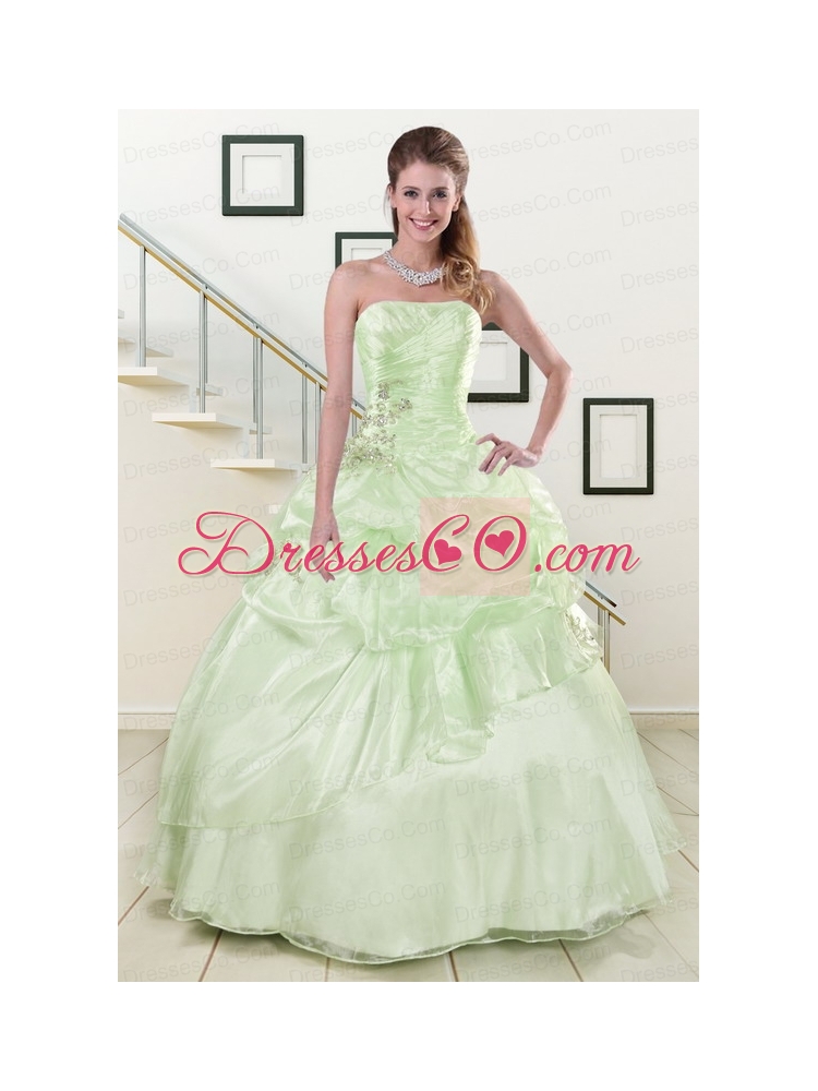 Elegant Strapless Yellow Green Quinceanera   Gowns with Beading