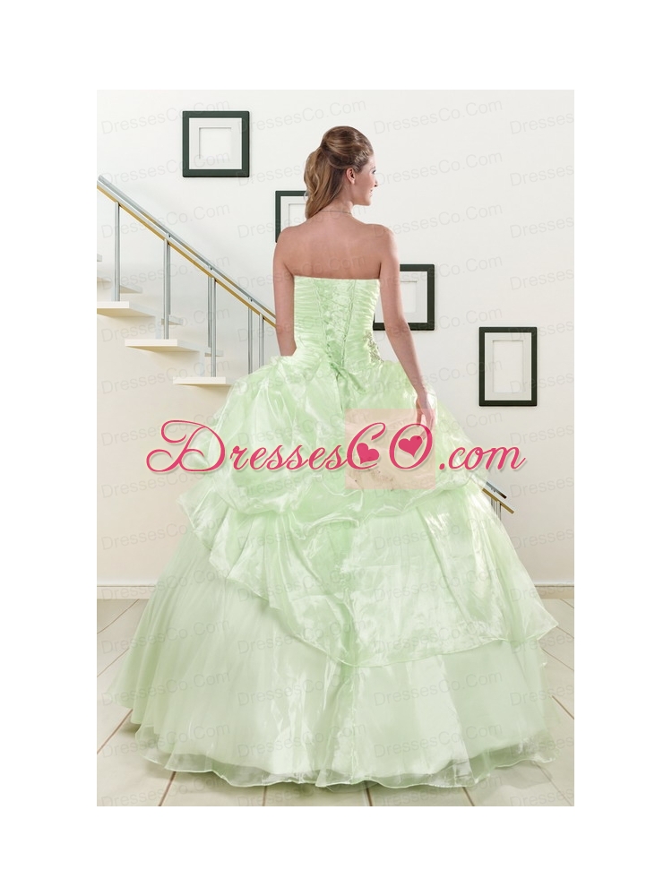 Elegant Strapless Yellow Green Quinceanera   Gowns with Beading