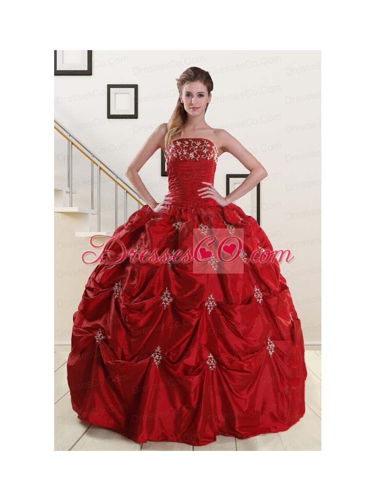 Classic Strapless Wine Red Appliques Quinceanera   Dress