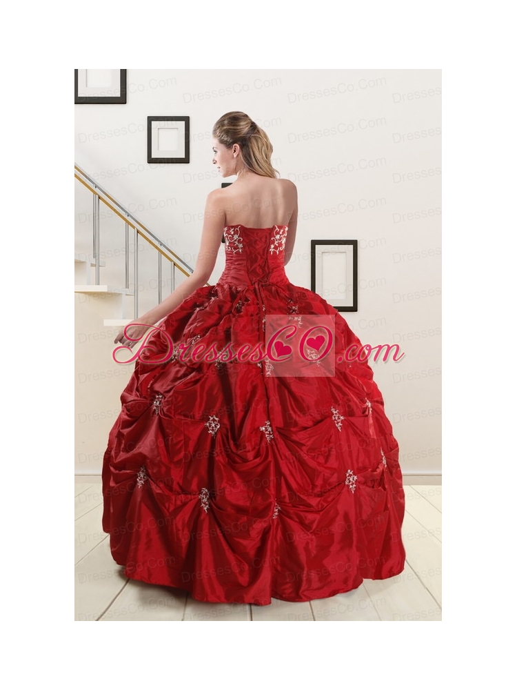 Classic Strapless Wine Red Appliques Quinceanera   Dress