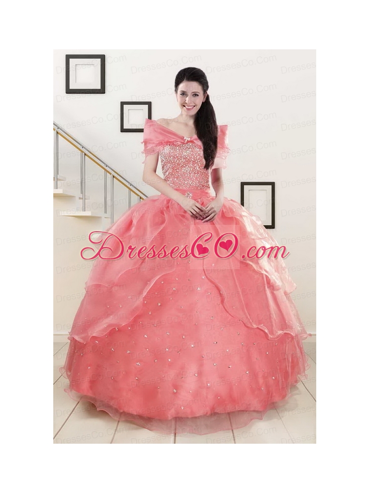 Watermelon Beading Appliques Ball Gown   Classic Quinceanera Dresses