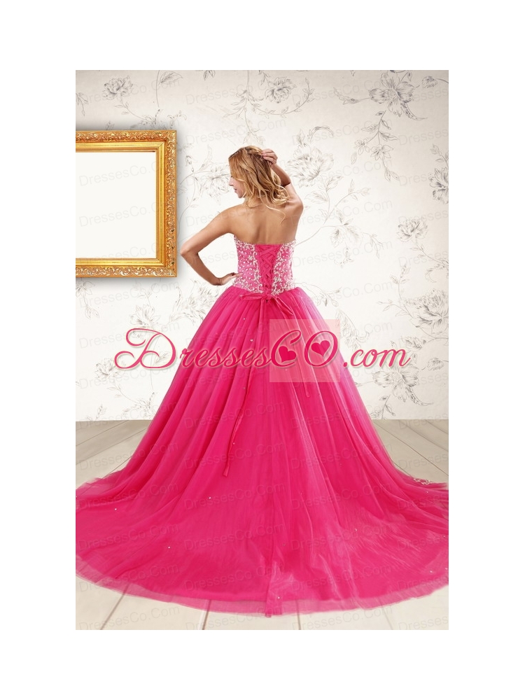 Latest Hot Pink Quinceanera Dress with   Beading and Appliques