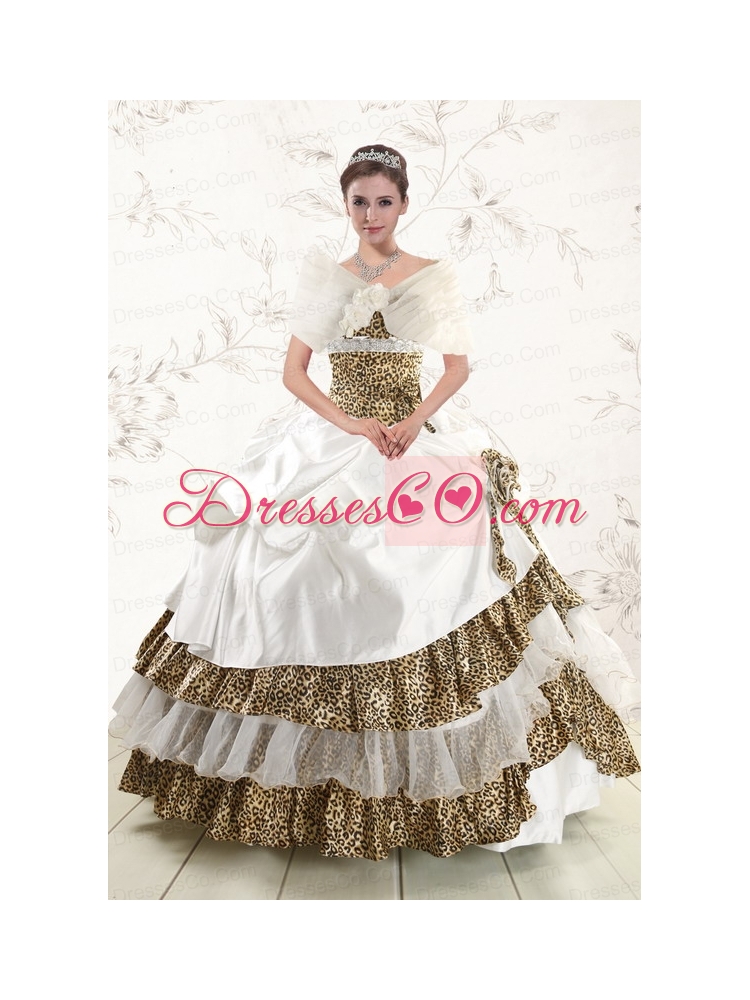 Latest Strapless Leopard Quinceanera Dress  with Hand Made Flower