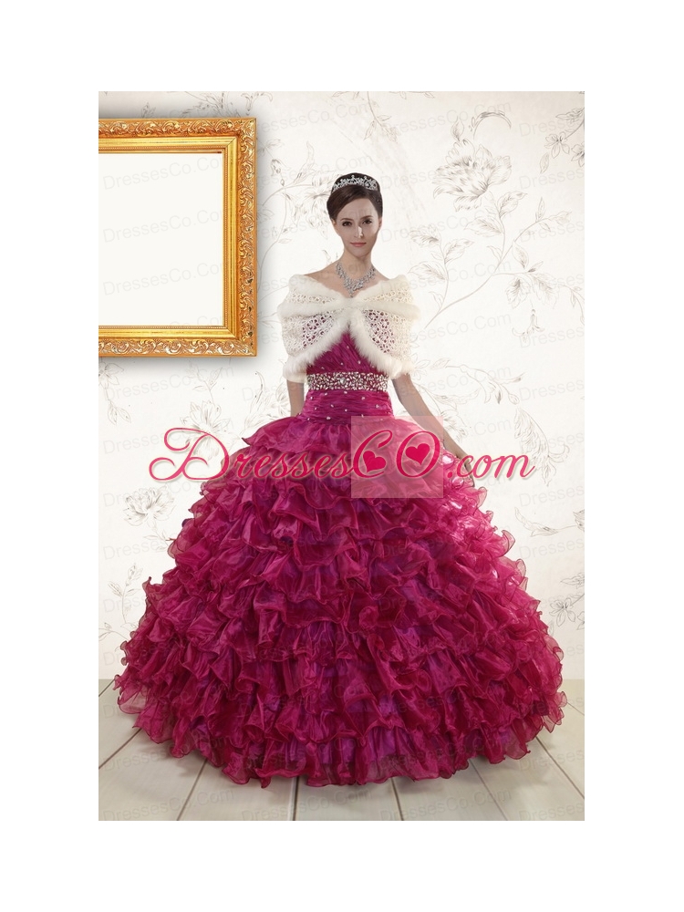 Beading and Ruffles Latest Burgundy Quinceanera   Gown