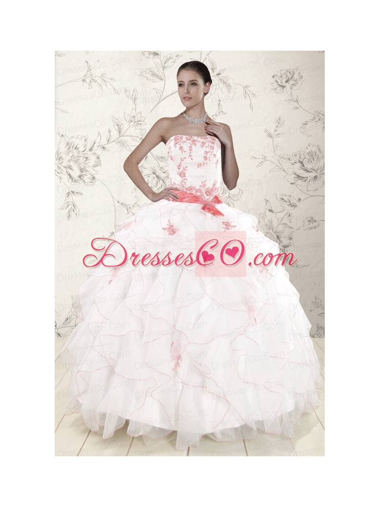 Latest White Quinceanera Dress with Pink Appliques   and Ruffles