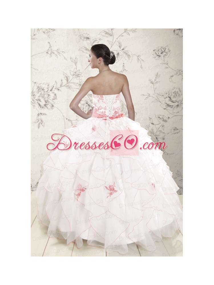 Latest White Quinceanera Dress with Pink Appliques   and Ruffles