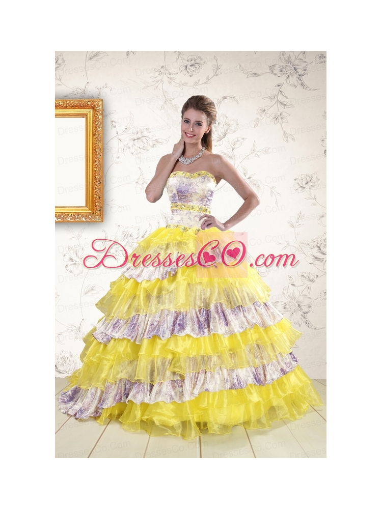 Printed and Ruffles Multi Color Quinceanera   Dress with Train