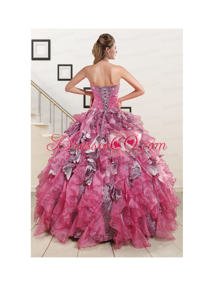 Exquisite Beading Hot Pink Ruffled Quinceanera Dress   with Leopard