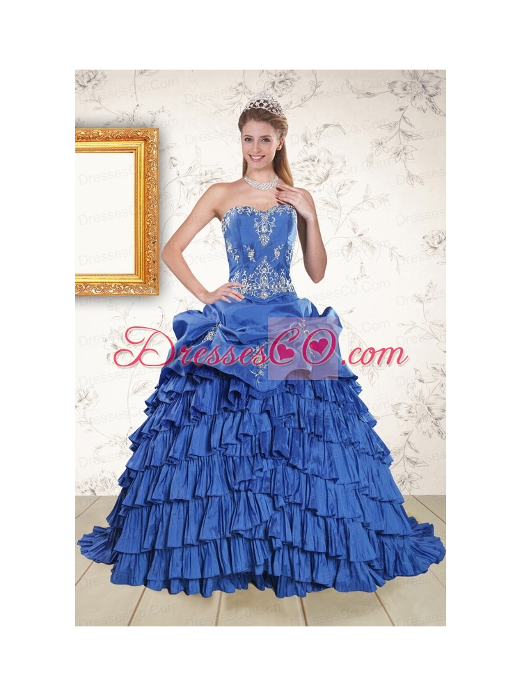 Modern Royal Blue Appliques and Pick Ups Quinceanera Dress with Brush Train