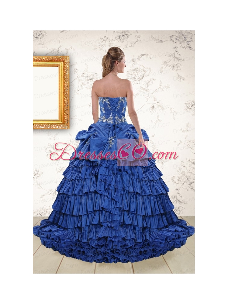 Modern Royal Blue Appliques and Pick Ups Quinceanera Dress with Brush Train