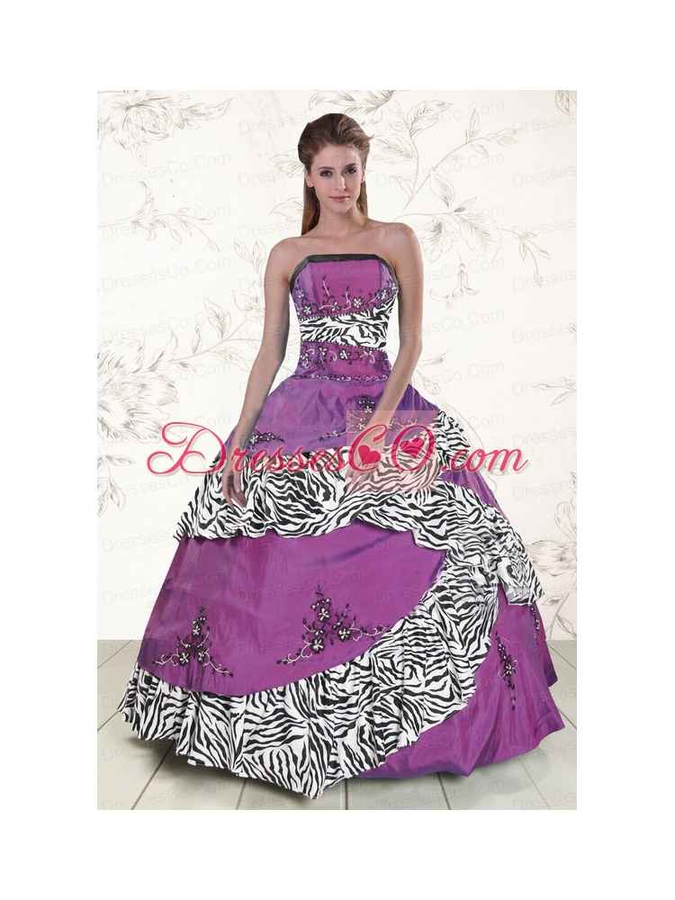 Print Purple Quinceanera Dress with Embroidery and   Zebra