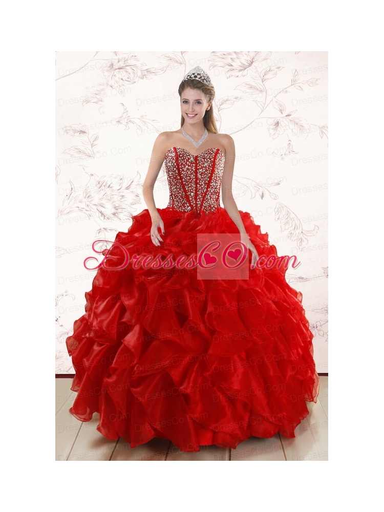 Pretty Red Quinceanera DressWith  Beading and Ruffles for