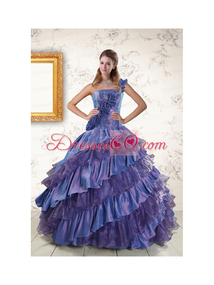 Unique One Shoulder Hand Made Flowers and   Ruffles Quinceanera Dresses