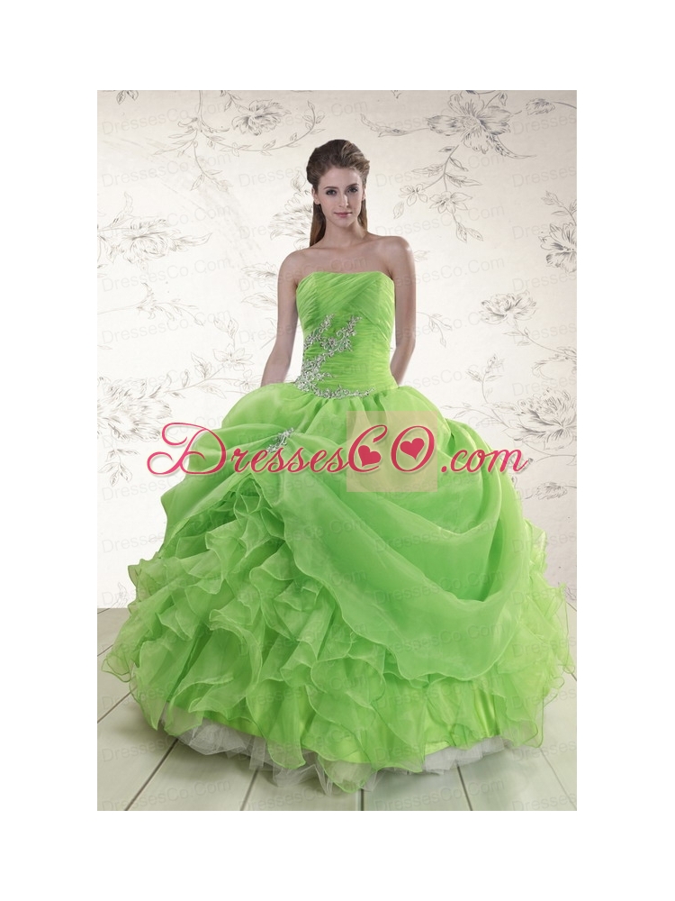 Unique Puffy Strapless Appliques Quinceanera   Dress in Spring Green