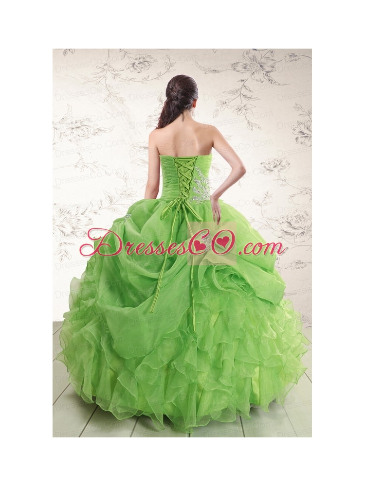 Unique Puffy Strapless Appliques Quinceanera   Dress in Spring Green