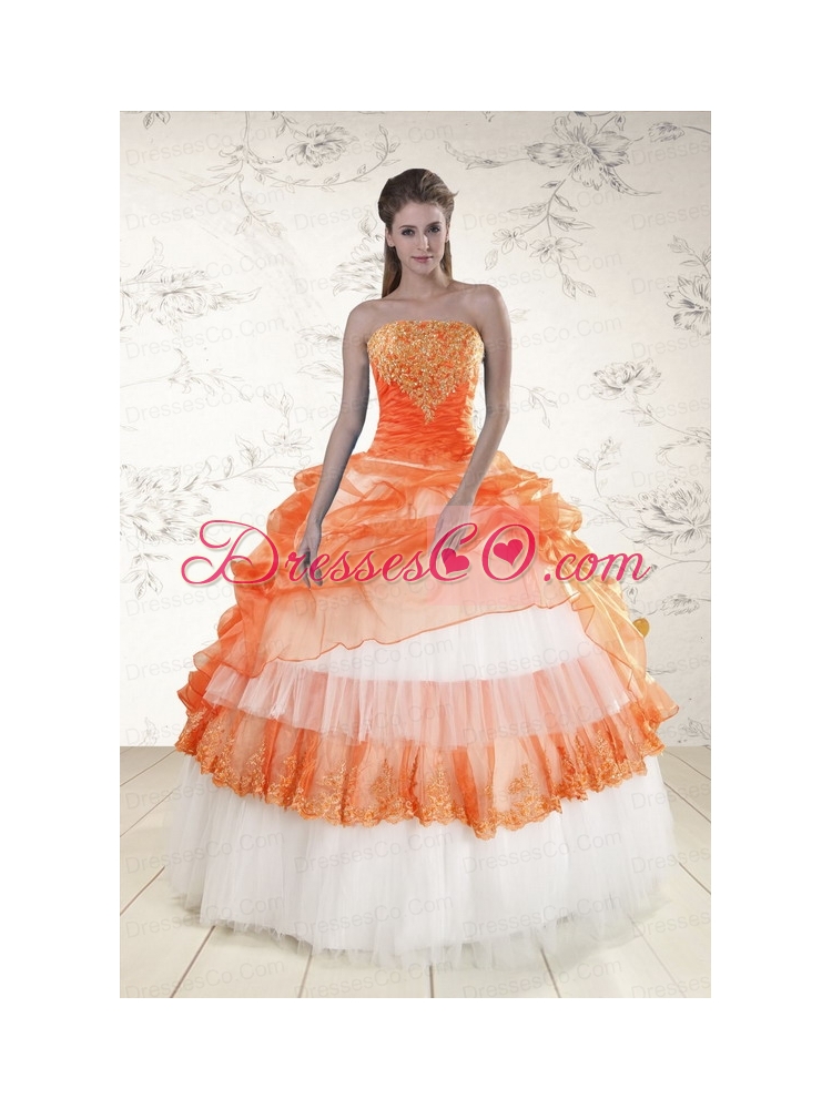 Unique Strapless Orange Quinceanera Dress  with Beading and Appliques