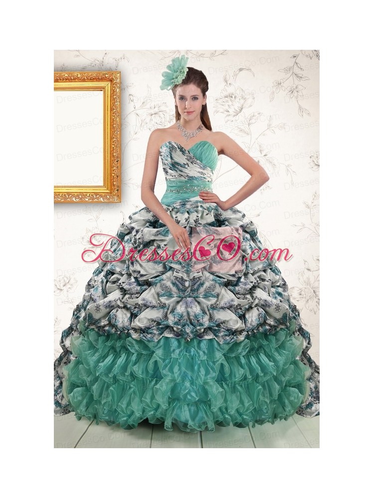 Unique Turquoise Sweep Train Quinceanera   Dress with Beading and Picks Ups