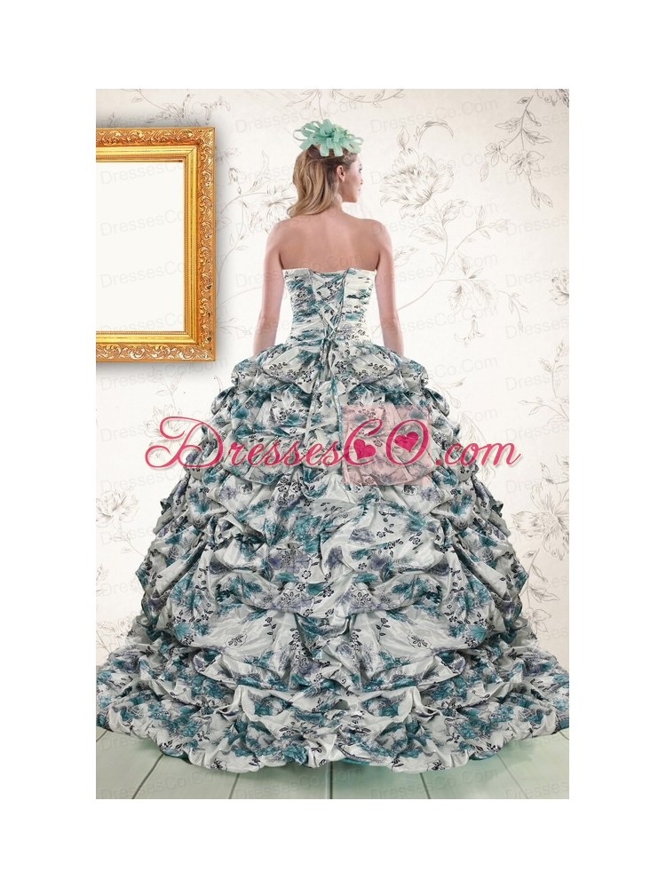 Unique Turquoise Sweep Train Quinceanera   Dress with Beading and Picks Ups
