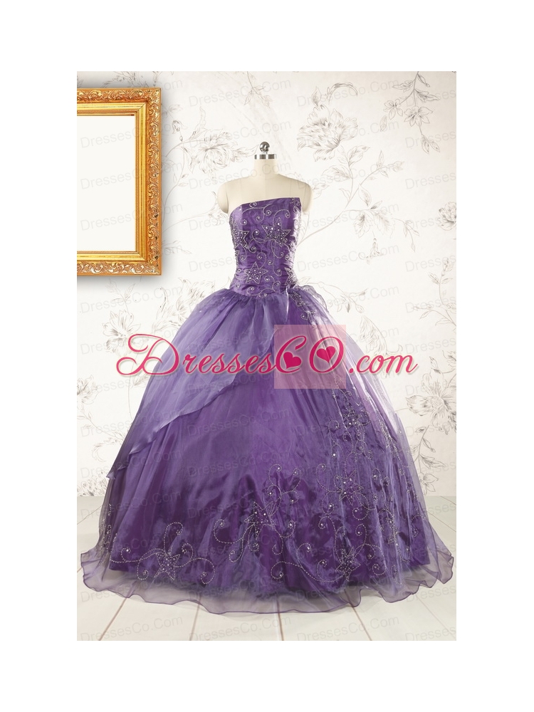 Discount Purple Strapless Appliques Quinceanera Dresses