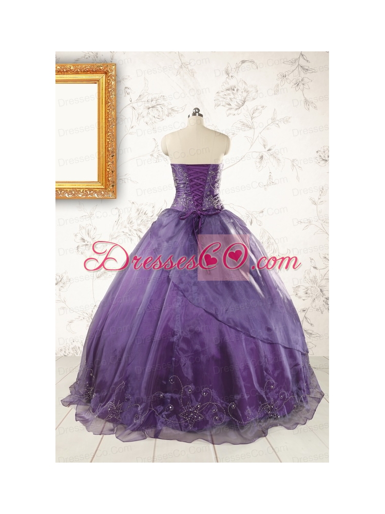 Discount Purple Strapless Appliques Quinceanera Dresses