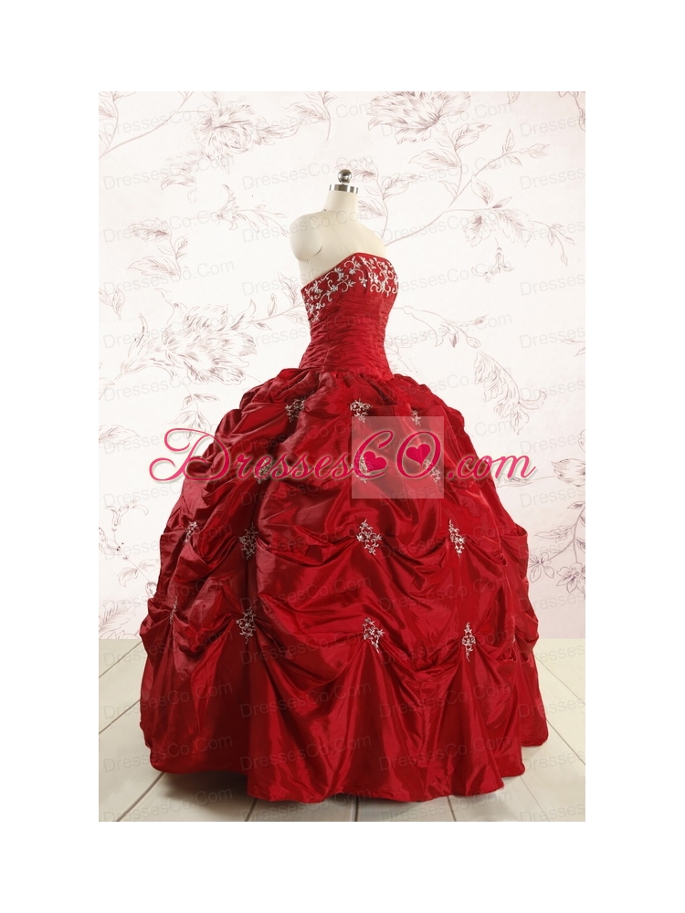 Discount Strapless Wine Red Appliques Quinceanera Dress