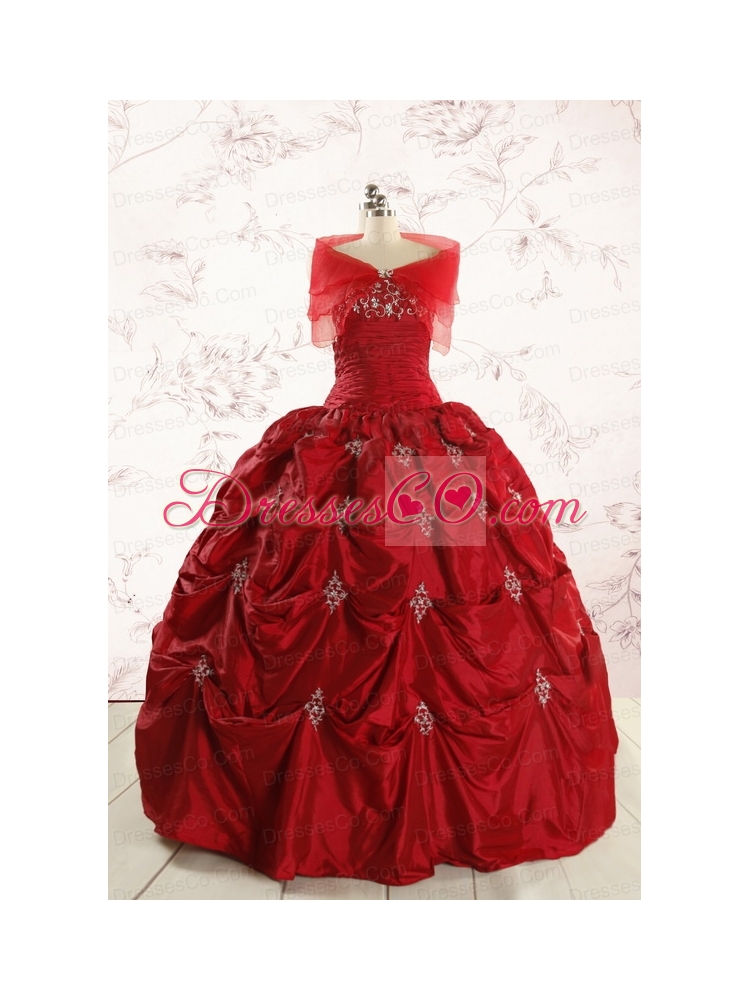 Discount Strapless Wine Red Appliques Quinceanera Dress
